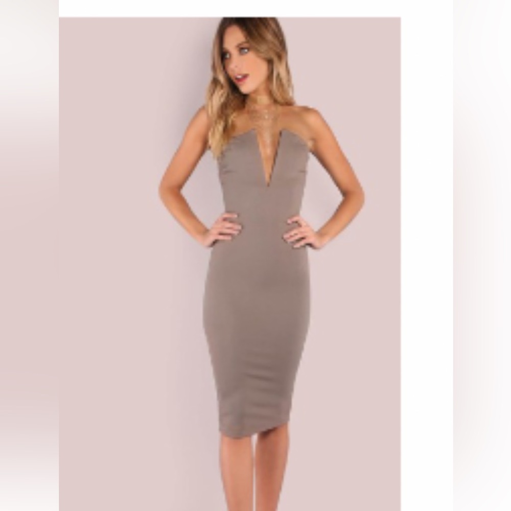 Plunging Bust Bandeau Bodycon Midi Dress MOCHA